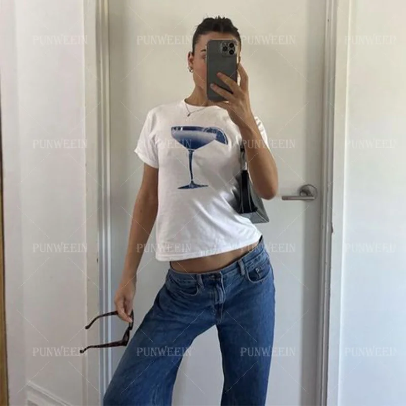 Vintage Goth Summer Tees High Street Emo Girl Short Tops Skull Print Short sleeve Causal Skinny Y2K Style Streetwear Crop tops