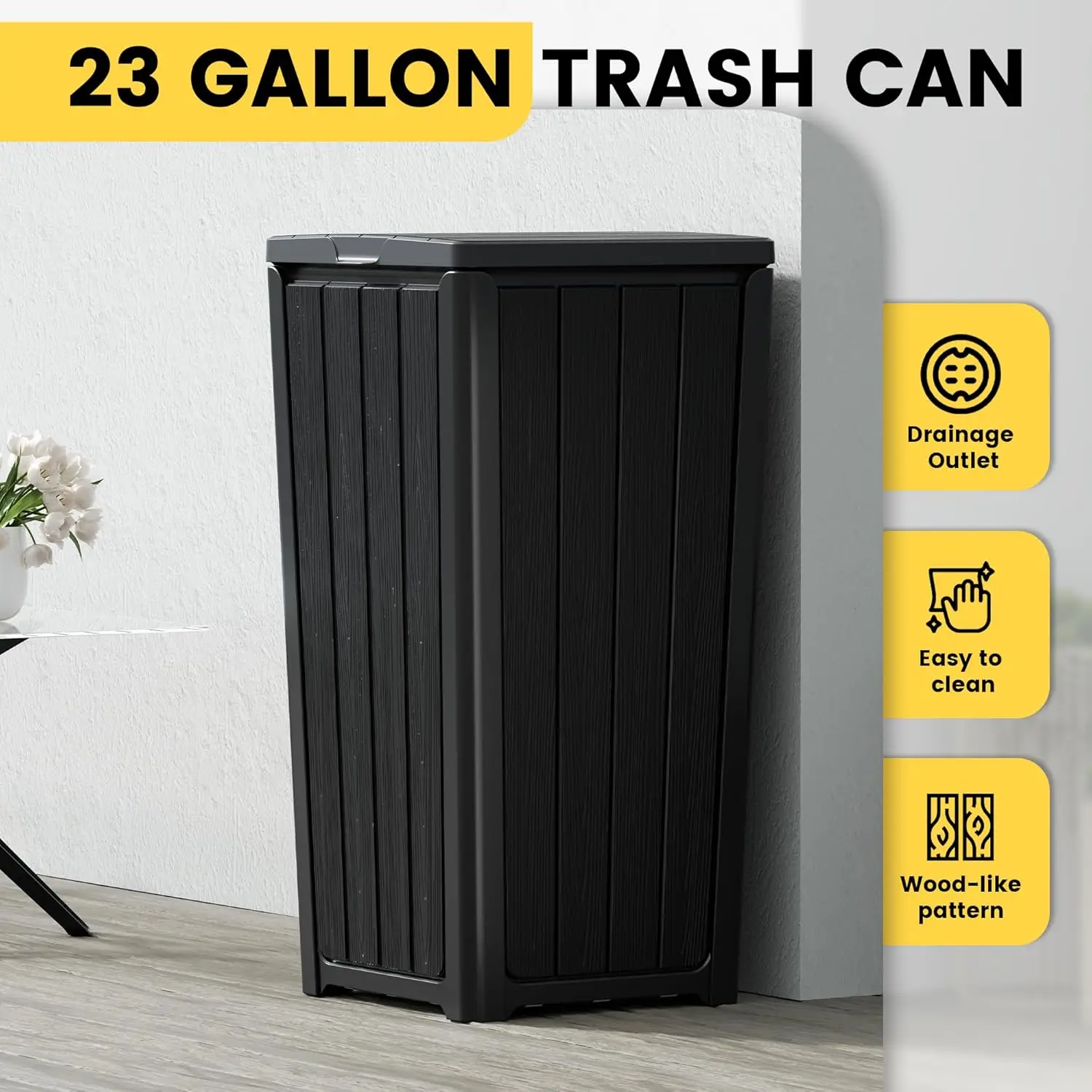 Outdoor Trash Can with Lid, Waterproof Resin Garbage Can with Tiered Lid, Outside Trash Bin for Patio, Kitchen, Backyard or Deck