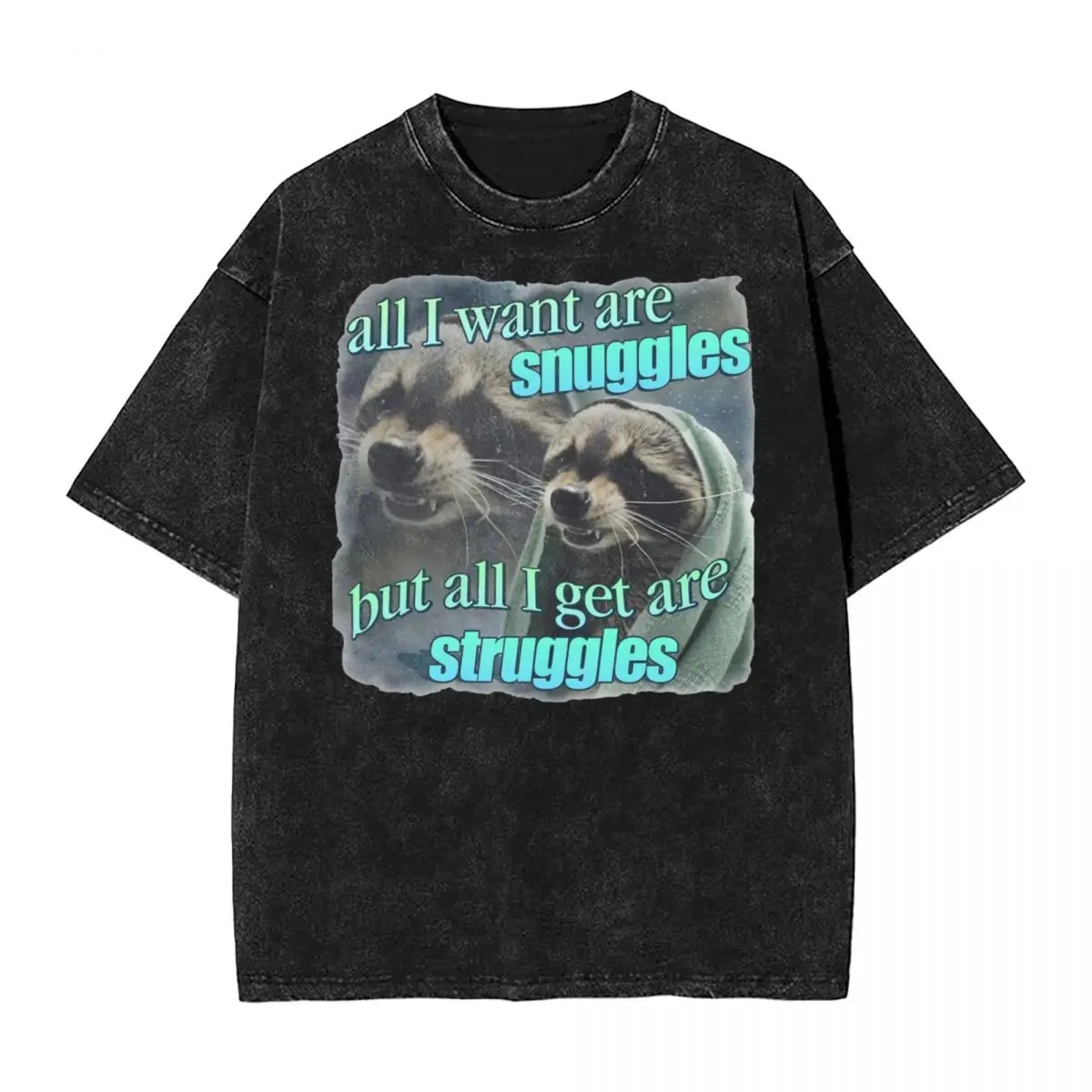 

Промытая футболка, все, что я хочу, это Snuggles Raccoon, модные футболки в стиле хип-хоп, уличная одежда, топы с коротким рукавом, футболка для мужчин и женщин