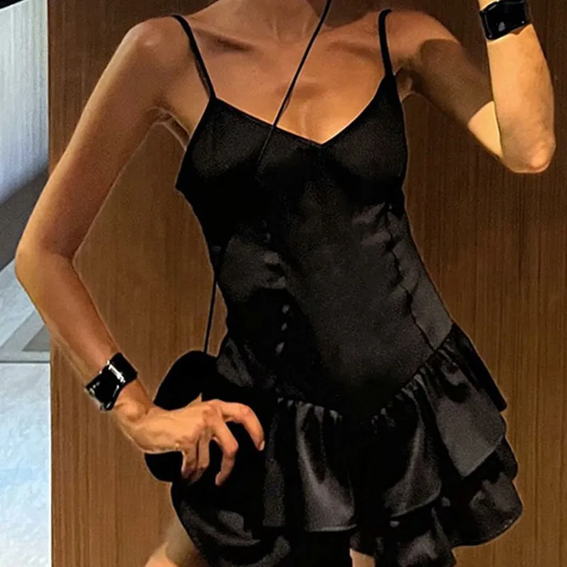 

Women's Summer Short Cami Dress Satin Double Layer Ruffle Dress Black Deep V Neck Tiered Ruffle Hem Spaghetti Strap Dress