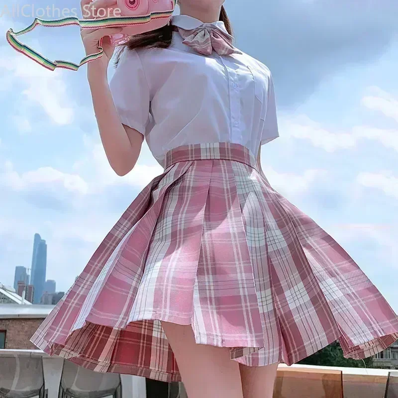 Japanese School Uniform Korean Student JK Seifuku Blouse Pleated Skirt Sailor Full Set Girl Plaid Skirt Pink Uniforms for Woman 3