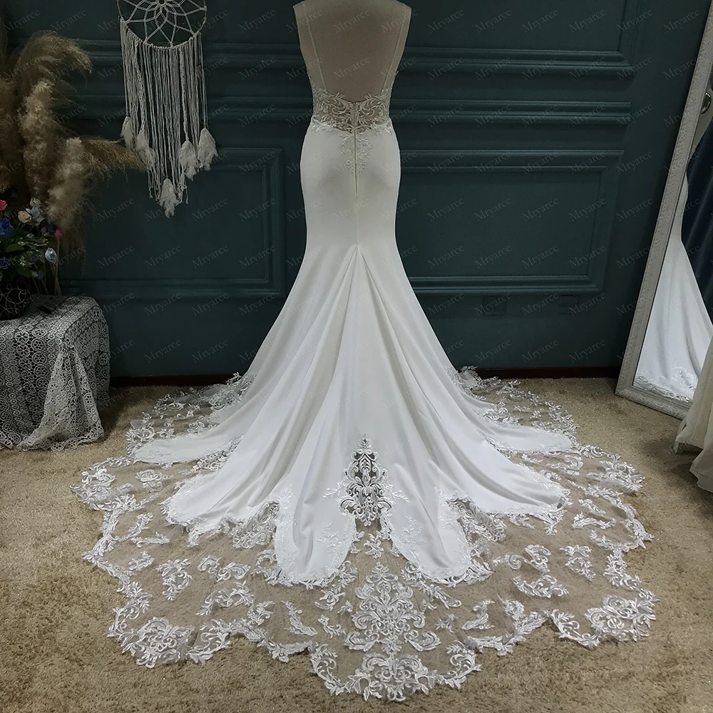 Mryarce Luxury Lace Crepe Wedding Dress Sexy Spaghetti Straps Long Train Bridal Gowns 5