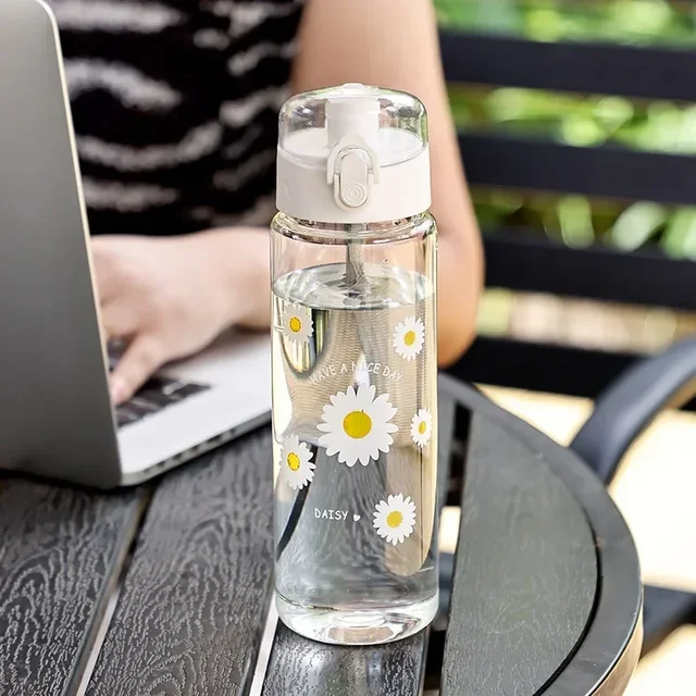 600ml Daisy Flower Plastic Water Bottle Sports Transparent Water Bottle Portable Gym Travel Clear Leakproof Drinking Bottle 3