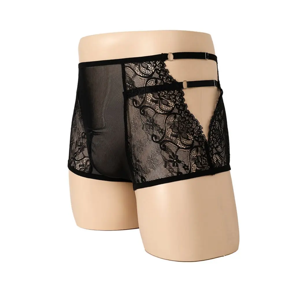 

Men's Fun Underwear Boxer Shorts Transparent Lace Bag Ultra Thin Pants Sexy Low Waist Fun Four Corner Pants Gay Slips Lingerie
