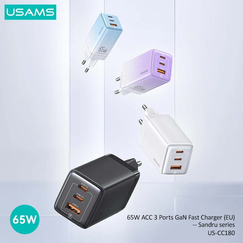 

USAMS 65W ACC 3 Ports GaN Fast Charger PD USB C Type C Quick Charge For iPhone 14 Pro Max MacBook Xiaomi Huawei Samsung Laptop