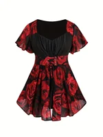European and American fashion summer new explosion plus size girl rose print drawstring bat sleeve short sleeve blouse
