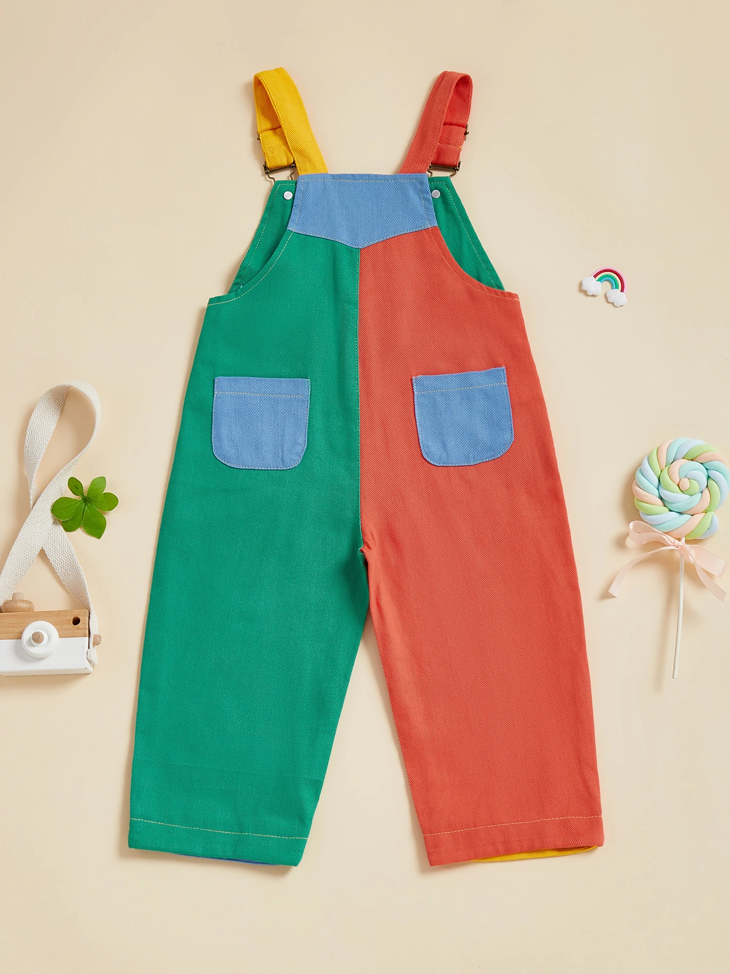 FOCUSNORM 1–6 Jahre Kleinkind Kinder Mädchen Jungen Denim Overalls Hosen Kontrastfarbe ärmellos quadratischer Ausschnitt Ganzkörper-Strampler – Detail 5
