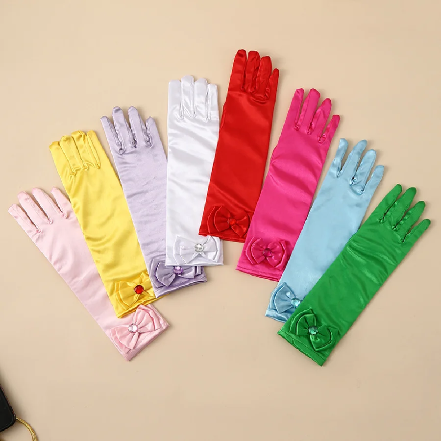 Children's satin princess gloves girl's butterfly shiny face knot dance performance stage gloves crystal all finger gloves satin gloves children gloves