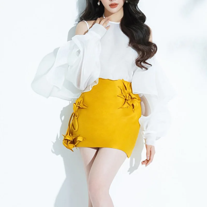 Women Suit Halter Off Shoulder Long Ruffle Sleeves Top Lady Mini Embroidery Skirts Sets New Casual Fashion Spring 2 Piece Set summer solid color satin pants sets women fashion casual loose lady short sleeves v neck t shirt wide leg trousers two piece set