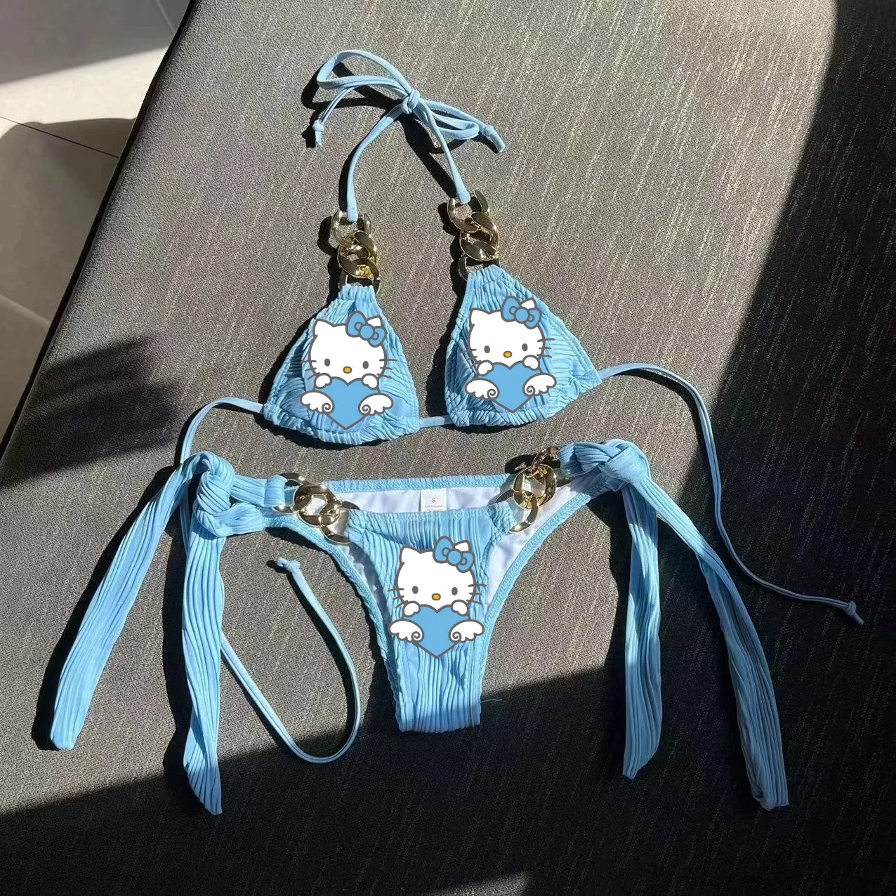 

Hello Kitty Cartoon Embroidered Swimsuit Kawaii Beach Vacation Bikini with Breast Pad Anime Sexy Lace Up Adjustable Bathing Suit