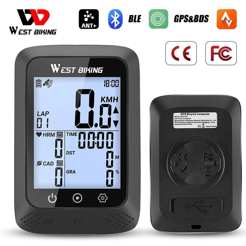 

WEST BIKING GPS Bicycle Computer IPX7 Waterproof Wireless Cycling Speedometer ANT+ Bluetooth Intelligent Backlight Stopwatch