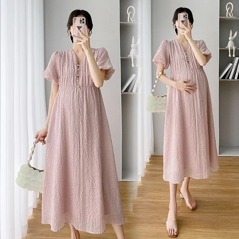 

8237# 2023 Summer Korean Fashion Maternity Long Dress Elegant A Line Loose Clothes for Pregnant Women Ins Pregnancy Postpartum