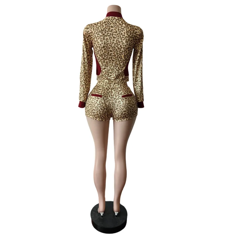 Sexy Leopardenmuster-Trainingsanzug, zweiteilige Sets für Damen, Streetwear, getäfelte Reißverschlussjacke und Shorts, passendes 2-teiliges Herbst-Outfit – Detail 11
