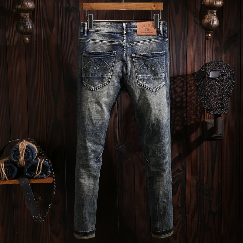 Italian Style Fashion Men Jeans Retro Wash Elastic Slim Fit Ripped Jeans Men Stretch Trousers Vintage Designer Denim Pants Homme