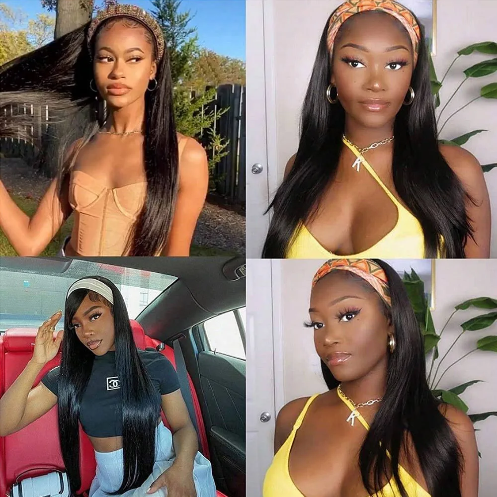 Headband Wig Human Hair Straight 20 Inch Headband Wigs for Women None Lace Front Human Hair Natural Black 200% Density