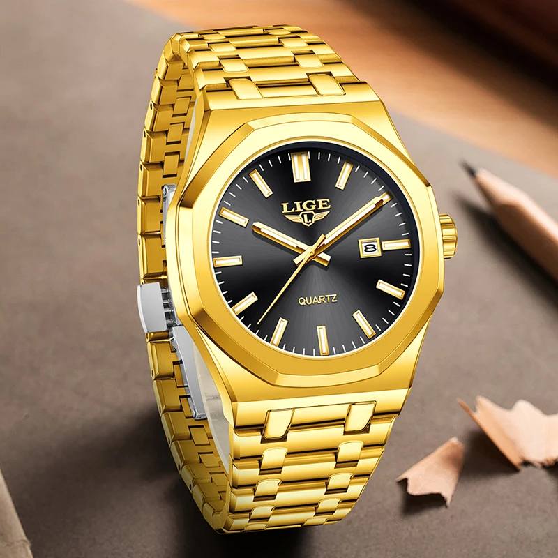 Elegant Gold Quartz Women's Watch - Luminous, Waterproof, Date Display, and Steel Chronograph Design