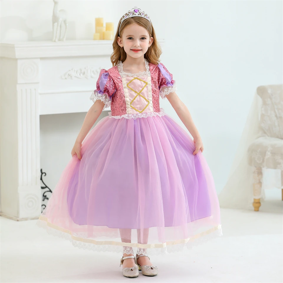 High Quality Girl Rapunzel Wig + Princess Dress Halloween Child Sleeping Beauty Cosplay Sofia Tulle Tutu Ball Gown Kids Clothing dresses expensive