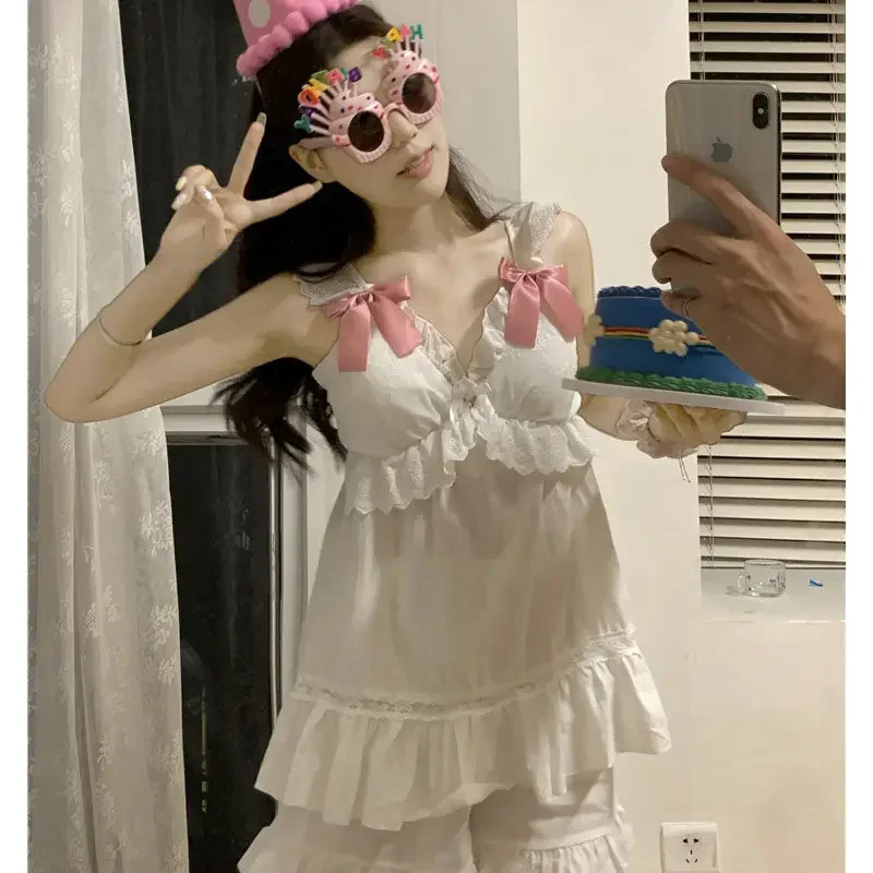 Cute Women's Pajamas Set of New Spring and Summer Korean Elegant Leisure Students Bow Sling Sleepwear Homewear Women's Clothing