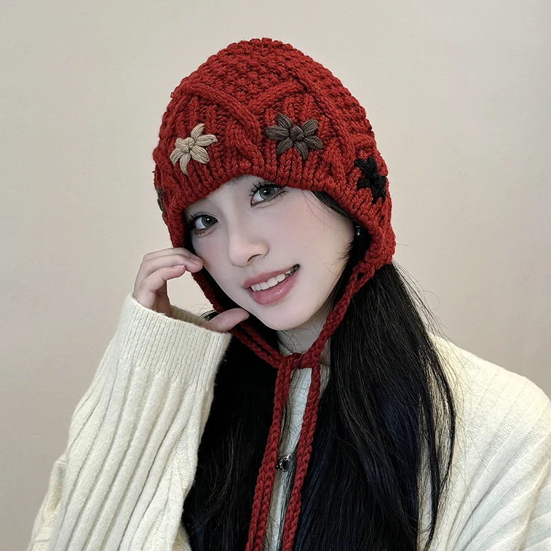 Hand Woven Tassel Wool hat For Women In Autumn And Winter Fried Dough Twists Tassel Red Baotou Hat For Winter Ear Protection Hat