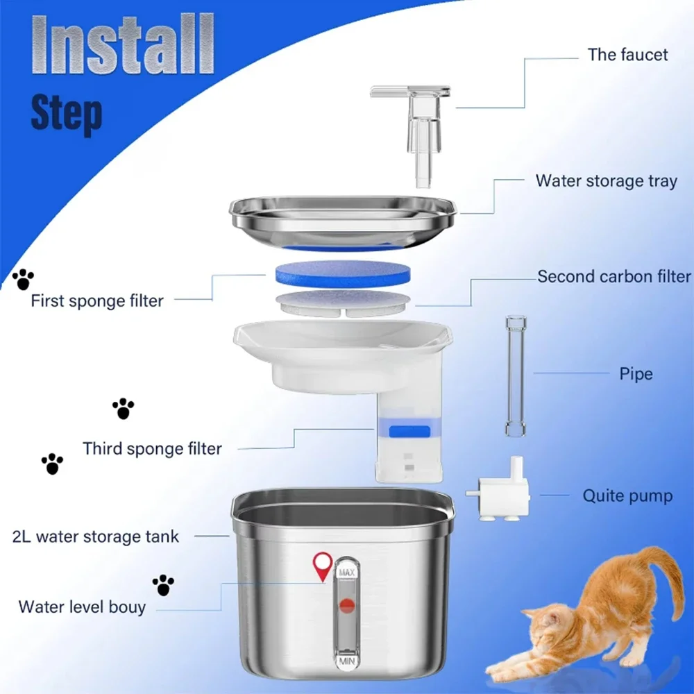 Cat Water Fountain 2.2L/73oz Cat Water Fountain Stainless Steel Pet Water Fountain for Cats Inside 1Filters&Ultra-Quiet Pump Dog Pet