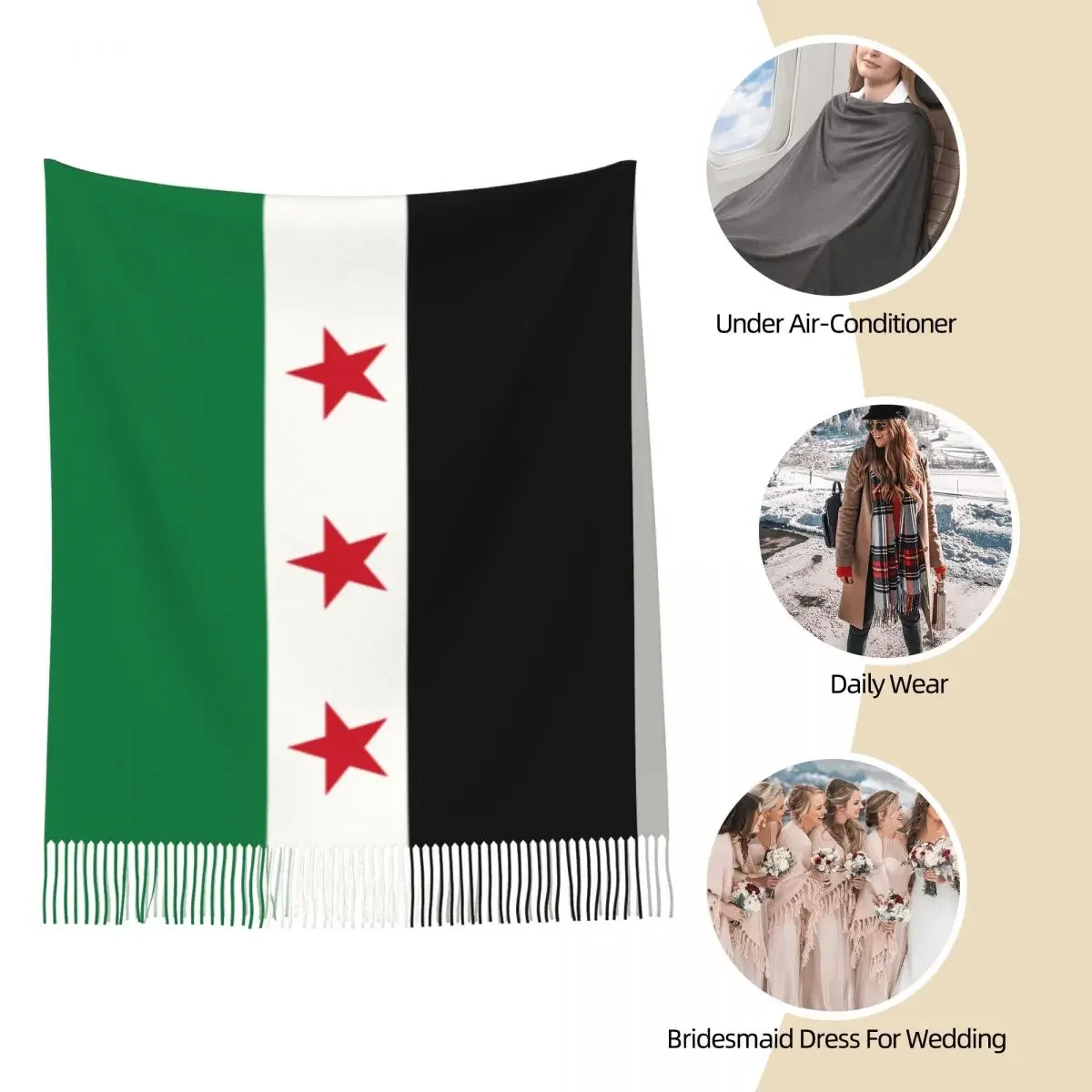 Syria Flag Shawl Wrap for Womens Winter Large Long Scarf The Syrian Arab Republic Neckerchief Tassel Scarves 4