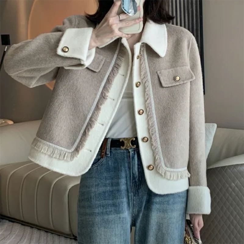 

Korean Fashion Short Woolen Jackets Womens Vintage Spliced Tassel Unlined Coats Warm Autumn Casual Blends Chamarras Para Mujeres