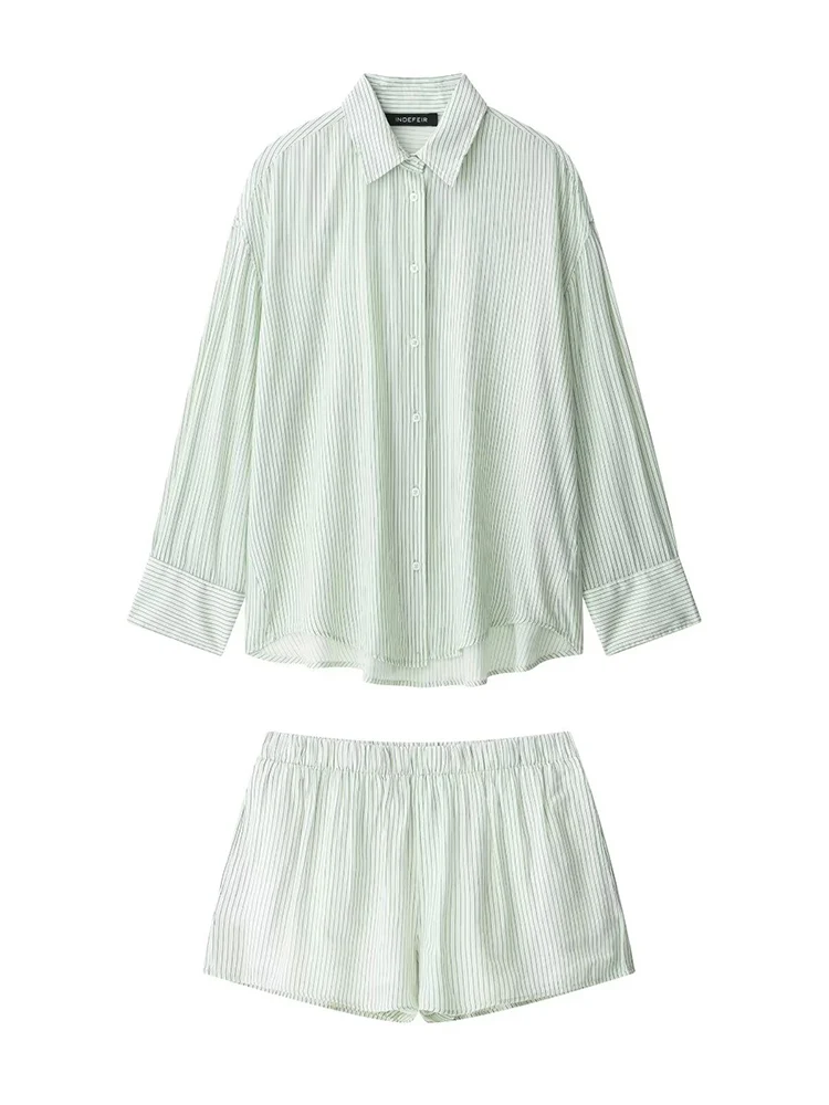 TFMLN 2025 New Women's Striped Shorts Sets Two Piece Summer Thin Loose Shirts Elastic Waist Shorts Suit Women Casual Outfits