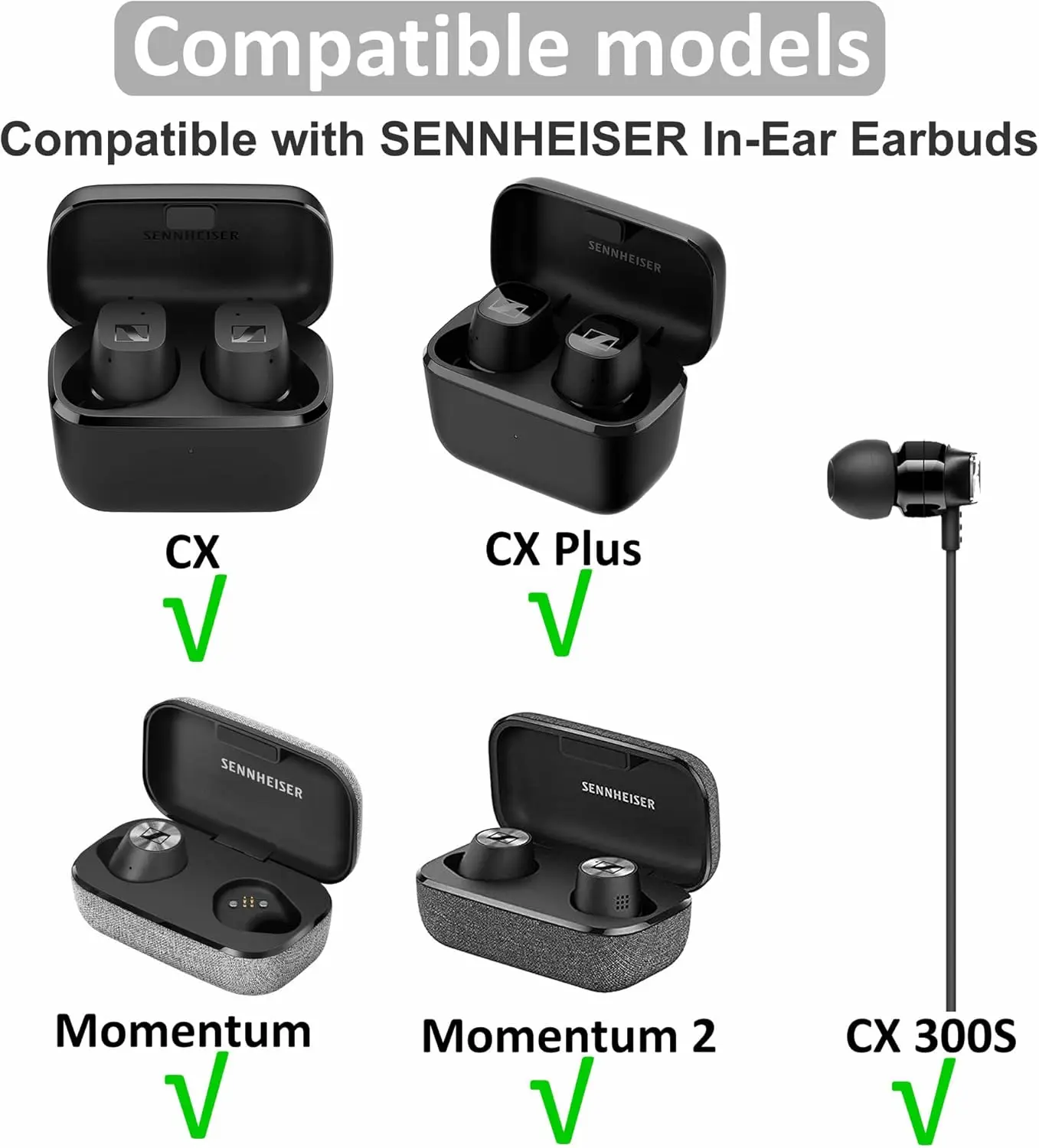 8 Pcs For Sennheiser CX Plus/Momentum 2/CX 300S Ear Tips, XS/S/M/L 4 Size Replacement Soft Flexible Silicone Eartips Earbuds
