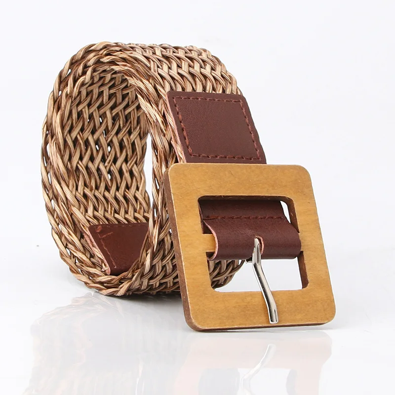 

Women's Woven Belt Wood Color Square Buckle Decorative Jeans Pant Belt Simple Fashion Dress Wide Belts