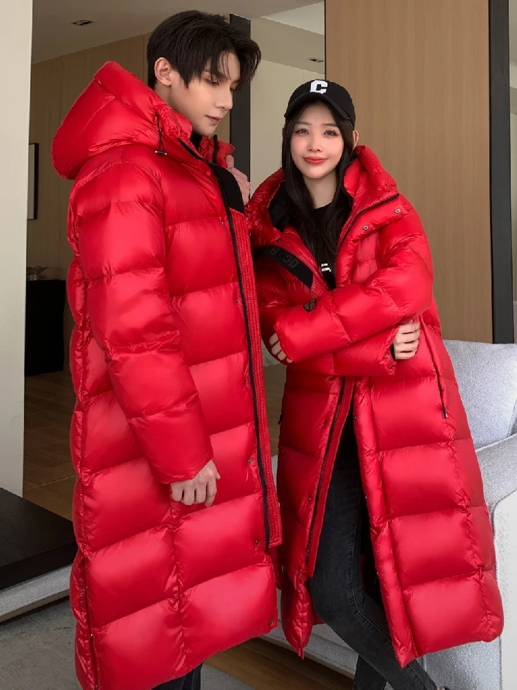 Men's Women Thick Winter Warm X-long Jackets 90% White Goose Down Couple Hooded Coat