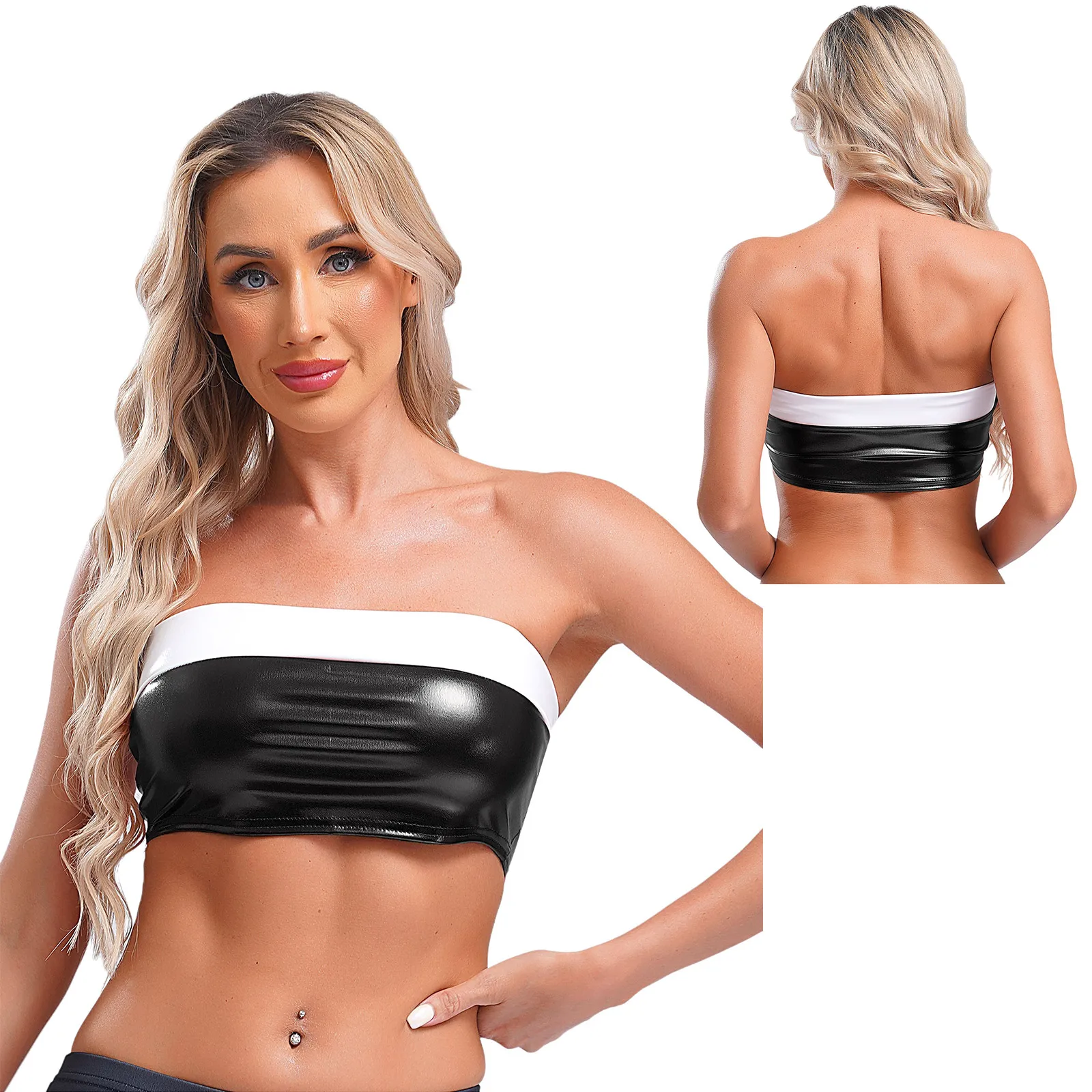 thumbnail image 1 of Tops de tubo sin tirantes y sin relleno de charol para mujer, traje de actuación de baile en barra, trajes Rave, ropa para discoteca, 1 of 5