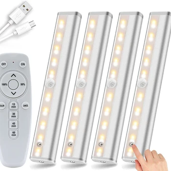 USB 충전식 무선 조광 가능 옷장 조명, 캐비닛 아래 조명, 원격 제어, 마그네틱 스트립 야간 조명, 20 LED