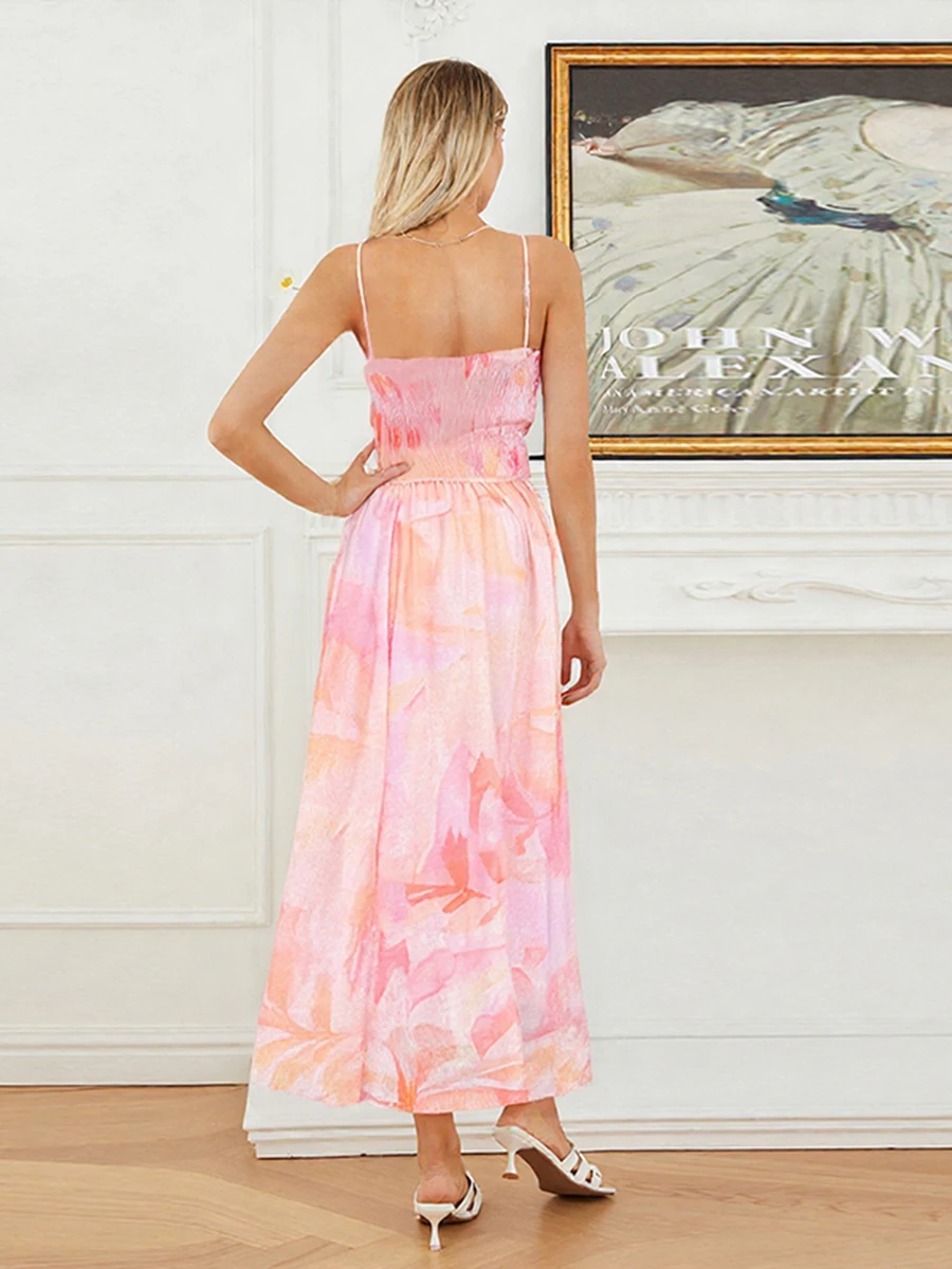 Women s Boho Floral Print Sleeveless Maxi Dress with Open Back and Adjustable Straps for Beach Vacation or Summer Parties