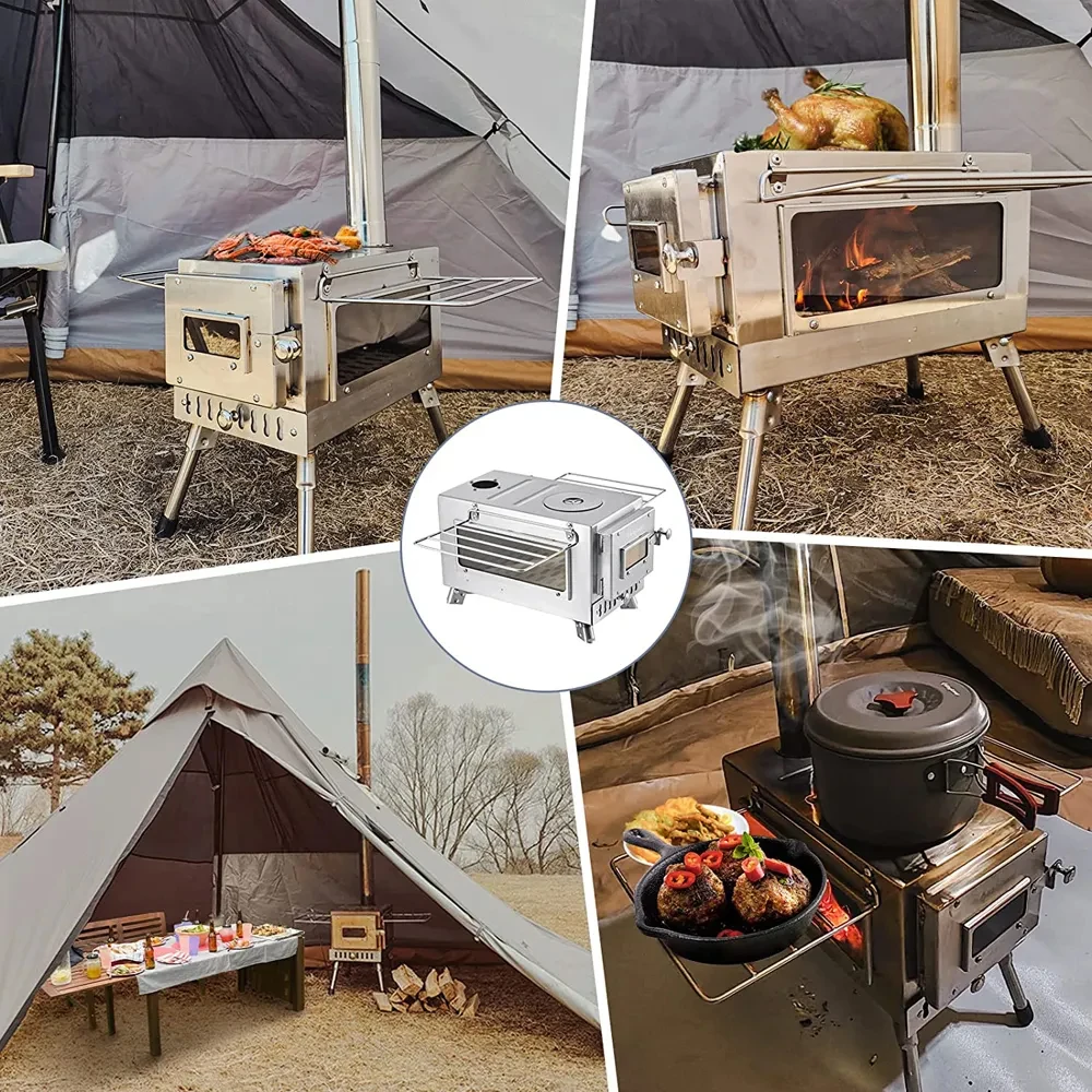 Outdoor Heating Stove Large Portable Fire Wood Stove 304 Stainless Steel Window Pipe For Tent Heater Cot Camping Ice-fishing Cooking Outdoor BBQ