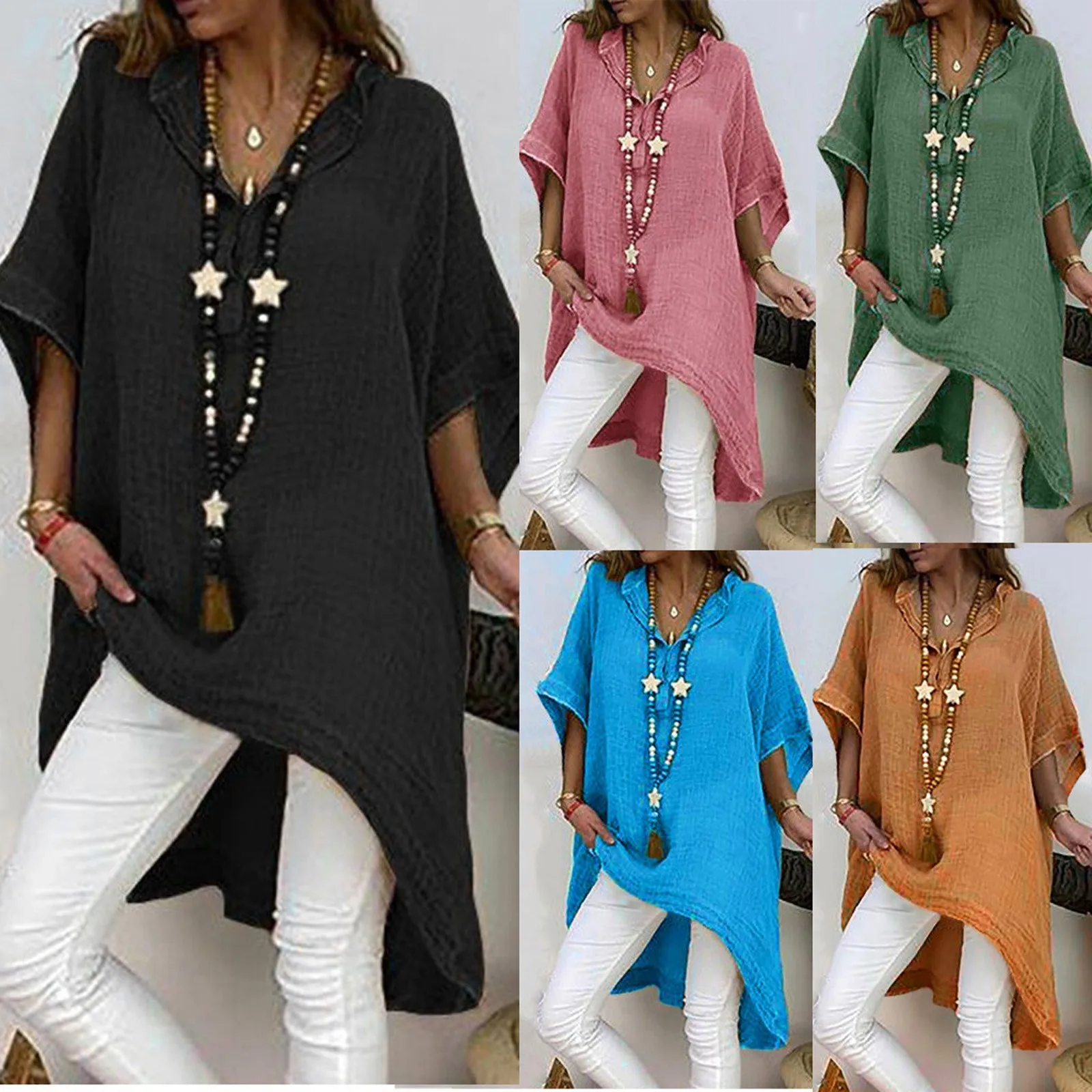 2025 New Casual Blusas Women Short Sleeve Linen Loose Blouse Vintage Oversized Shirt Elegant Irregular Long Tunic Tops Femme