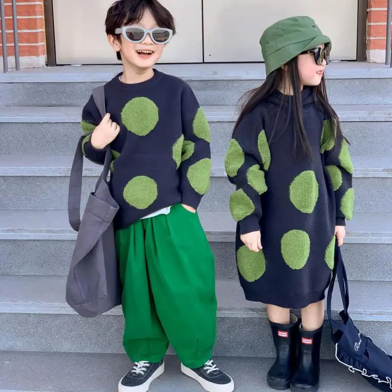 

2023 Autumn New Children Boys Dot Print Loose Sweater Cute Baby Girls Hooded Knitted Dress Brother Sister Fashion Casual Clothes