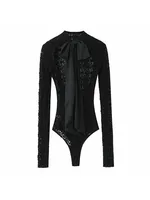 Women 2025 Autumn New Lace Bodysuit Women's Bodysuit Black Cutwork O-Neck Long Sleeves Bodysuits+Splicing Mini Skirt Suit - Image 4