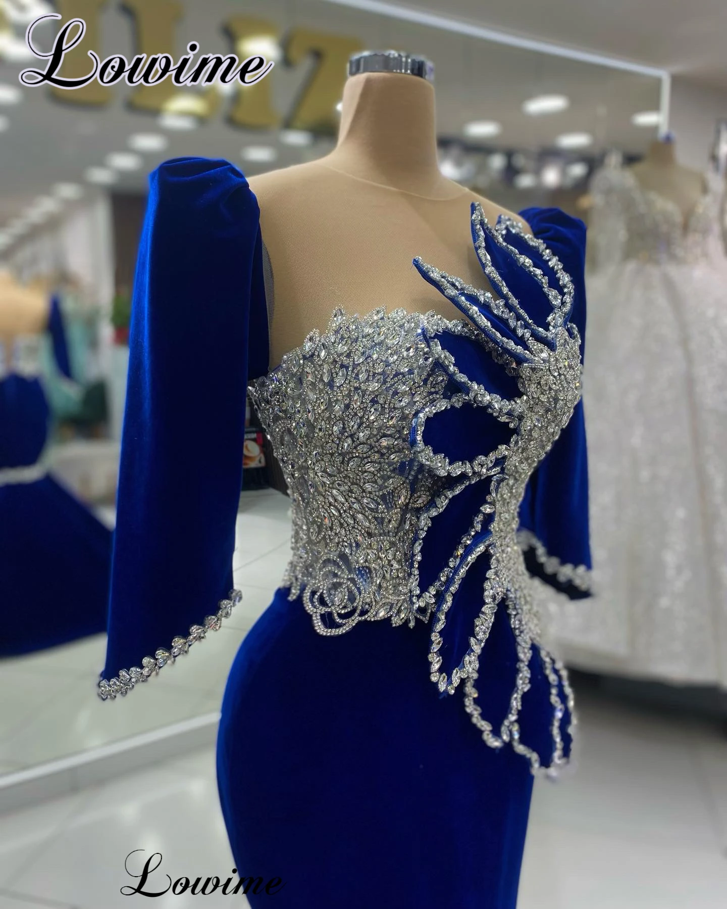 Royal Blue Mermaid 3/4 Long-Sleeve Crystal Cocktail Prom Dresses for Wedding Guests