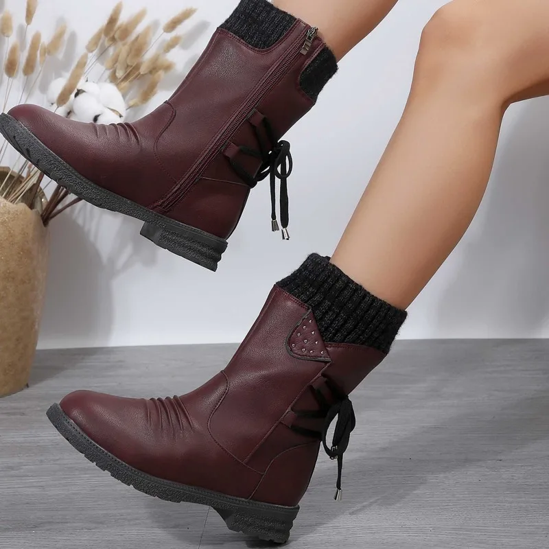 Ladies Shoes on Sale 2023 High Quality Zipper Women's Boots Winter Round Toe Solid Mid-Calf Pleated Low-heeled Western Boots