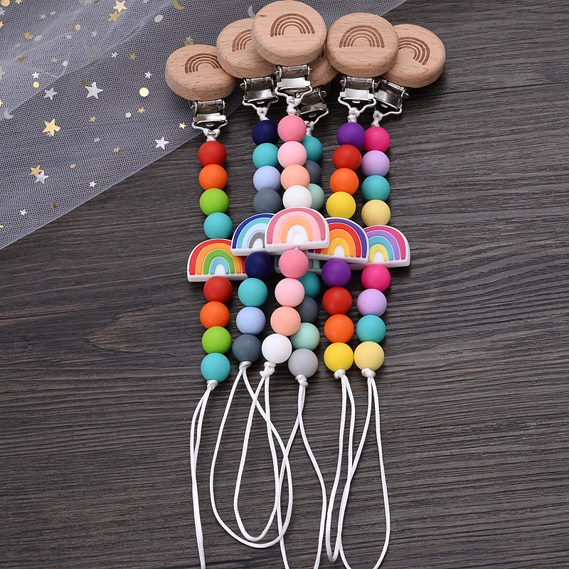 Beech Wooden Baby Pacifier Clip Handmade Cartoon Rainbow Silicone Teething Beads Infant Nipple Chain Nursing Toy Chew Gift 3