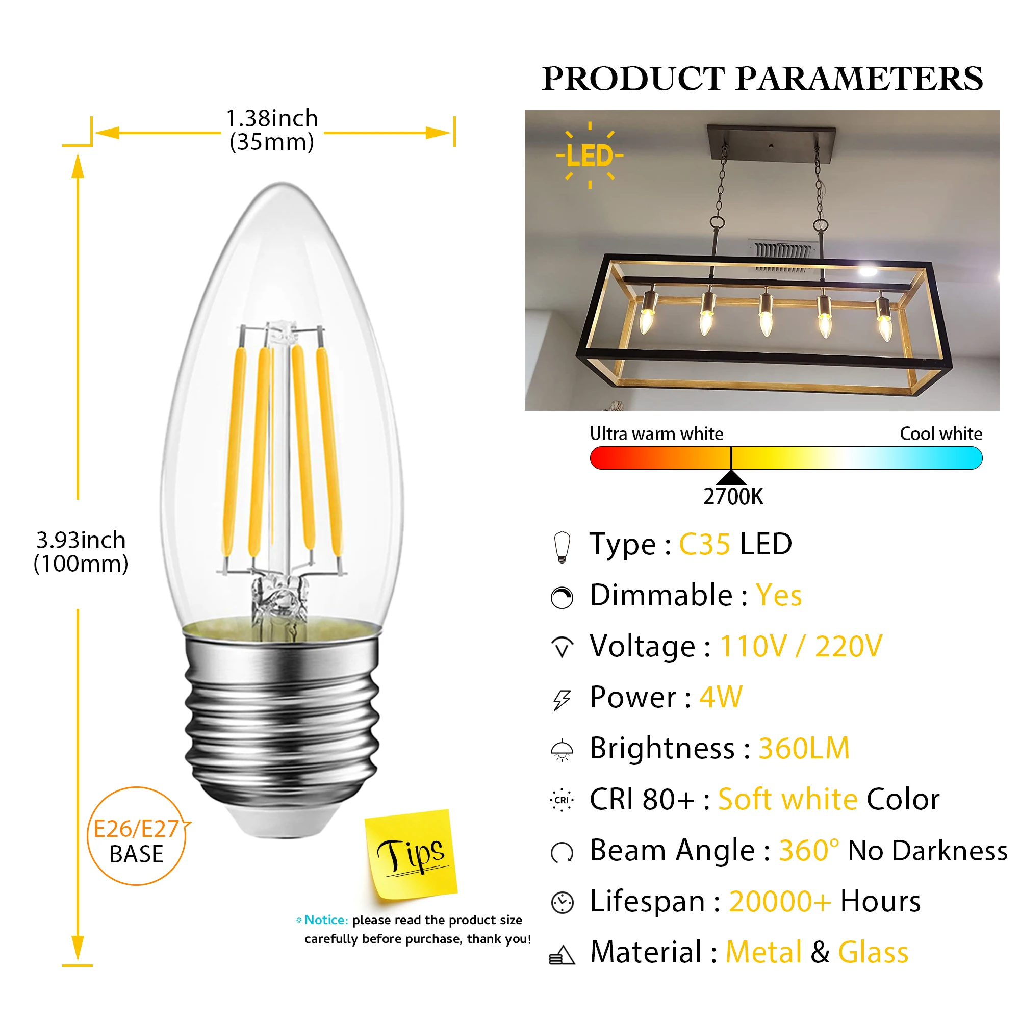 Genixgreen-C35 E27 샹들리에 캔들 전구, 따뜻한 화이트 2700K 4W 빈티지 Led 필라멘트 조도 조절 가능 220V 레트로 펜던트 램프 전구