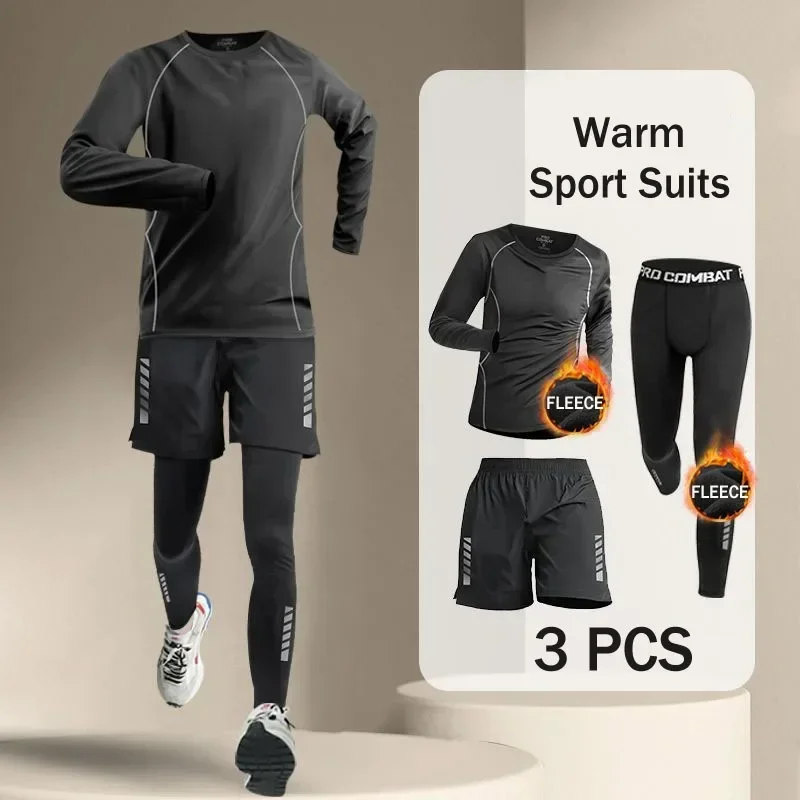 Korean Warm Sports Suit Men 2-4 PCS Running Set Jogging Basketball Underwear Tights Sportswear Gym Fitness Tracksuit Clothes 3