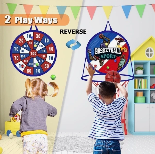 14 Inch 2-in-1 Dartboard and Basketball, Basketball Set Indoor Basketball Hoop, Sports Kids Outdoor Toy, 5