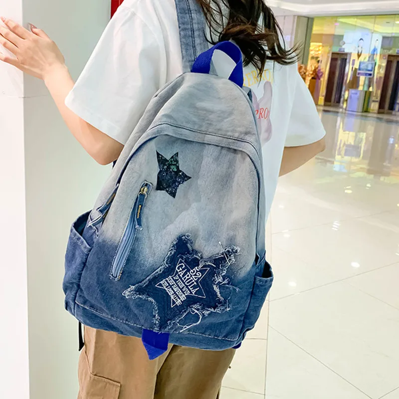 Casual Denim Women's Backpack Cartoon Sweet Student School Bag For Girls Fashion Small Ladies Travel Backpack