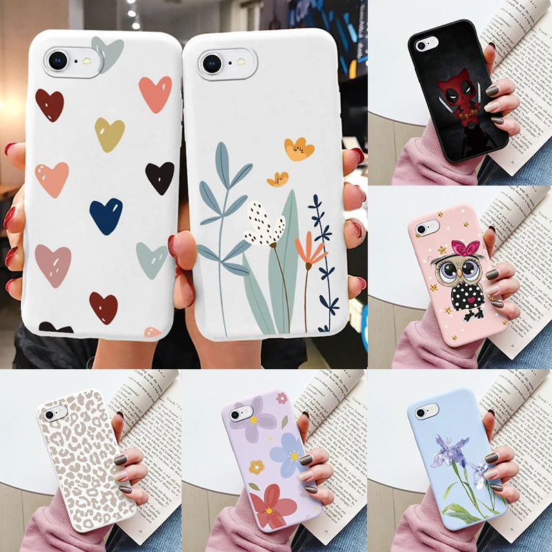 Floral Silicone Phone Case with Cute Cat & Bear Design - Soft Protective Back Cover
