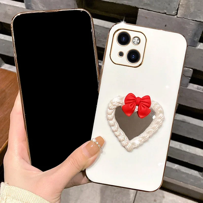 Cream Cake Heart Make-up Mirror Case For iPhone 15 Pro Max 14Plus 12Pro 13Mini 11 7 8Plus 6S X XR XSMax Bows Silicone_voghion.com