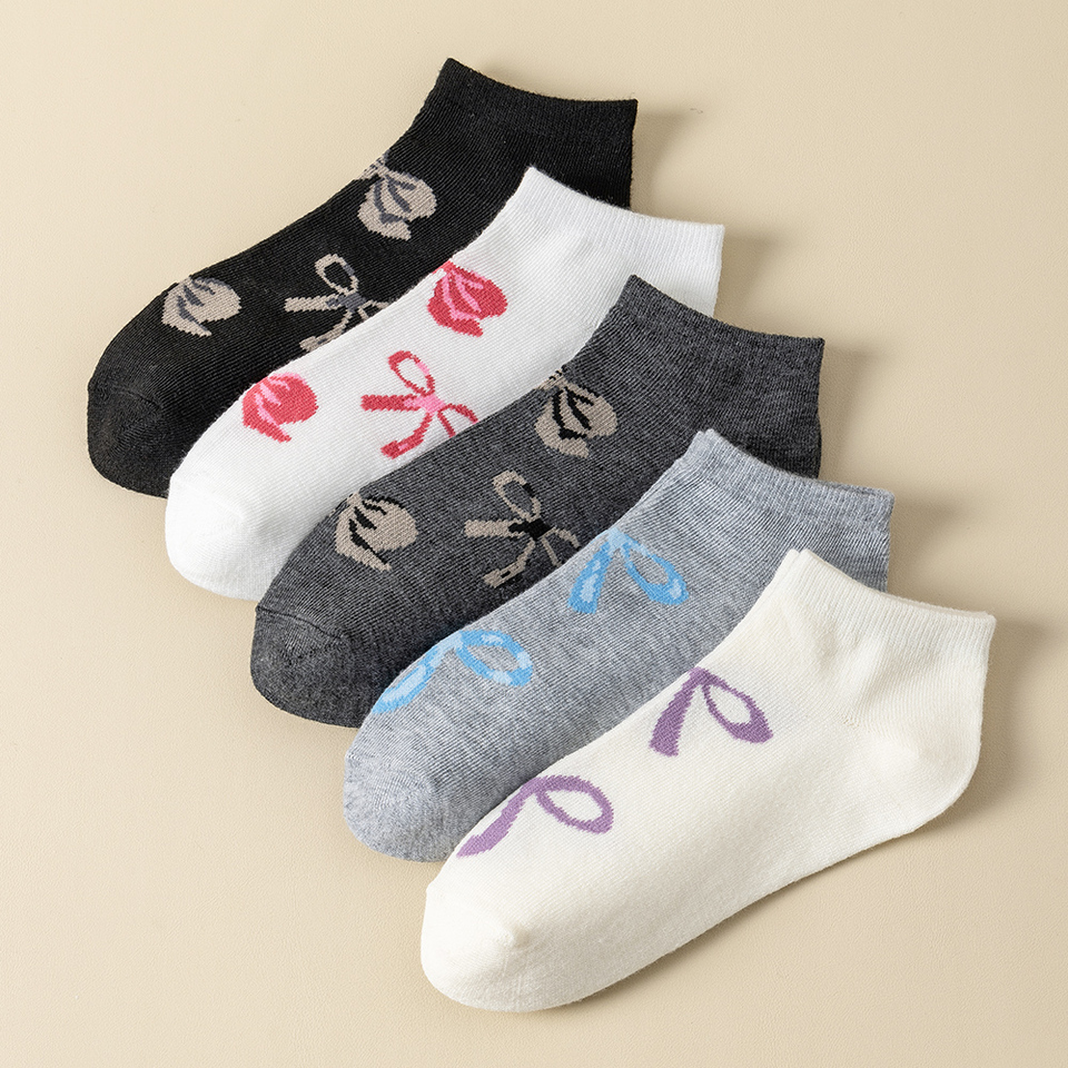 5pairs Women Girls Ankle Socks Bow Pattern Short Socks All Seasons Soft Comfortable