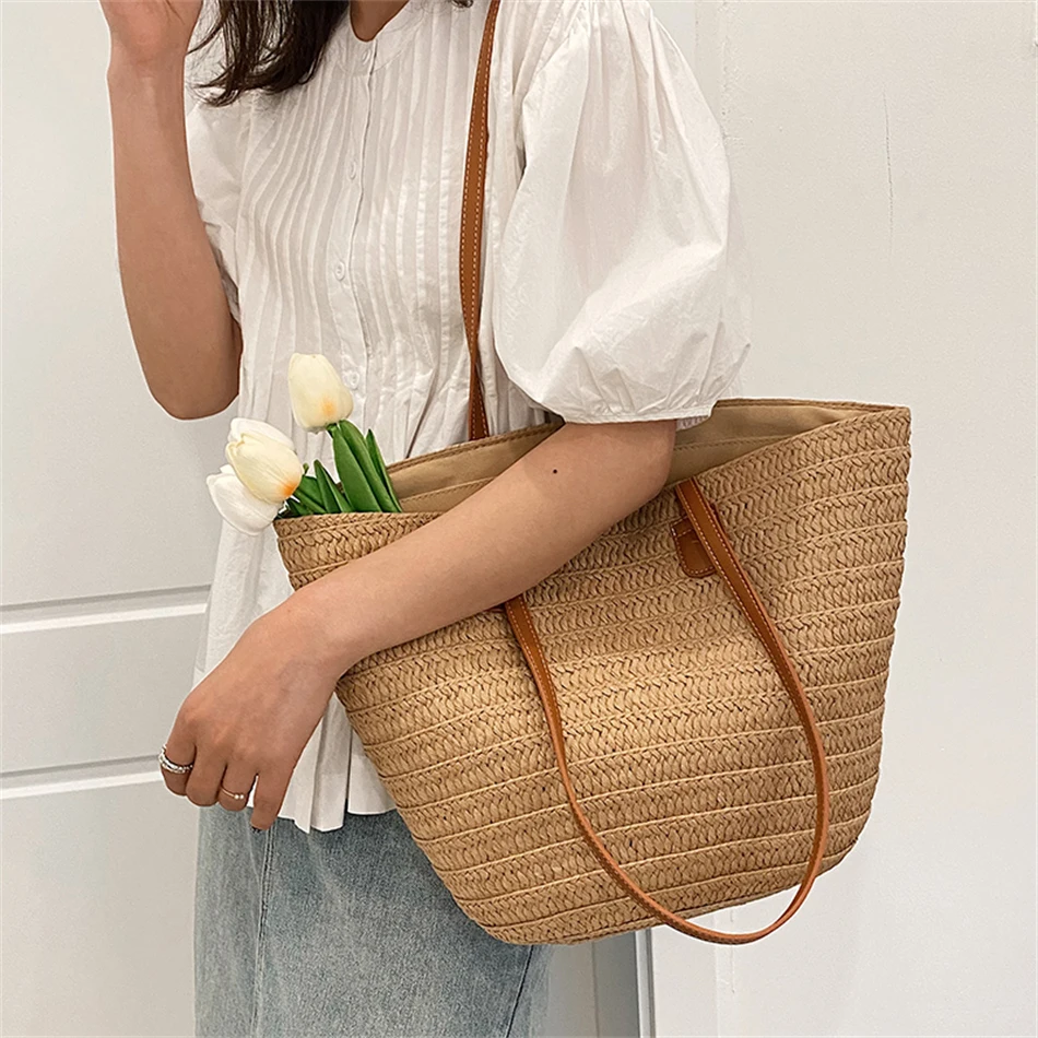

Designer Summer Handwoven Straw Beach Tote Bags for Women Vintage Female Handbag Large Capacity Basket Rattan Shoulder Bag Purse
