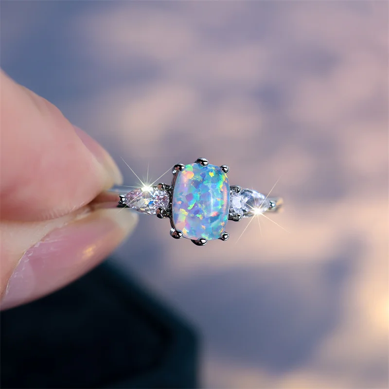 Cute Female White Fire Opal Stone Engagement Ring Vintage Silver Color Summer Wedding Jewelry For Women