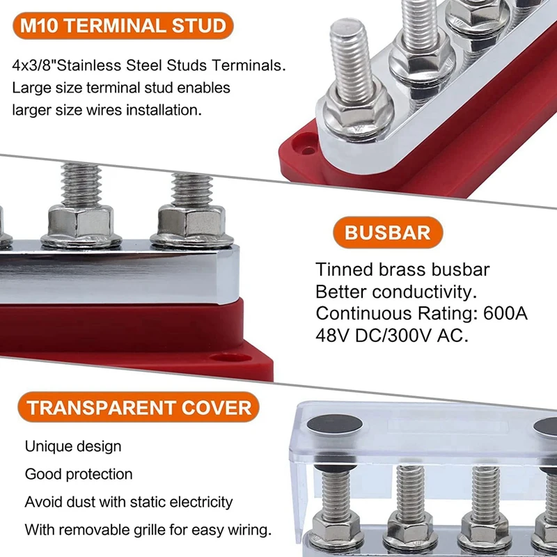 마린 버스 바 터미널 블록, 마린 DC 12V, 24V, 48V, 커버 포함, 레드, 2X 600A, 4 스터드 (3/8 인치), M10